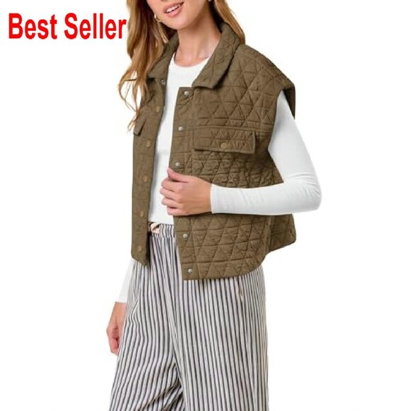 Quilted Puffer Vest Sleeveless Jacket Chic Minimal Button Down Outerwear - Picture 6 of 7